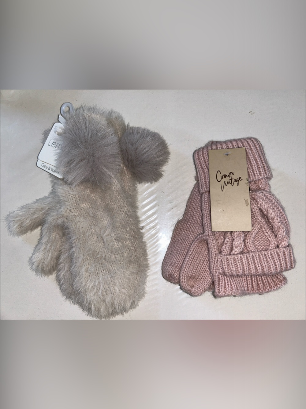 NWT Crown Vintage Pink Cable Knit Mittens & Lemon Cream Faux Fur Pom Mittens Set